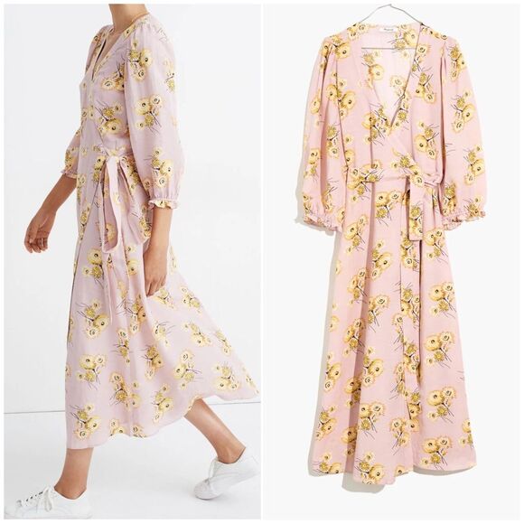 Madewell Size XXS Linen Blend Ruffle Cuff Wrap Floral Dress in Dutch Dandelions - Picture 1 of 12